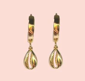 18K Gold Plated Cowrie shell charm Heart Huggies Hoop Earrings beach summer