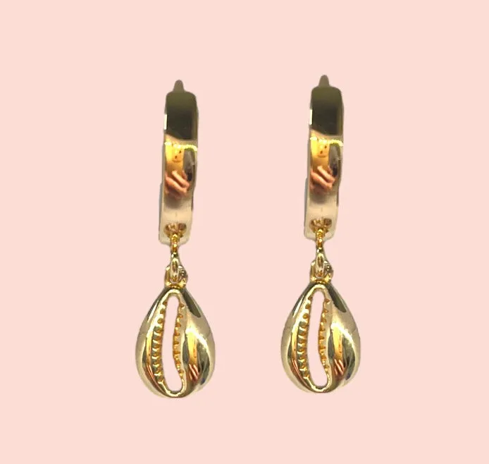 18K Gold Plated Cowrie shell charm Heart Huggies Hoop Earrings beach summer