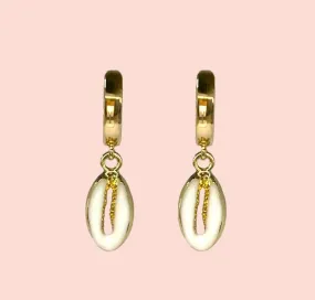 18K Gold Plated Cowrie white & gold shell charm Heart Huggies Hoop Earrings beach summer