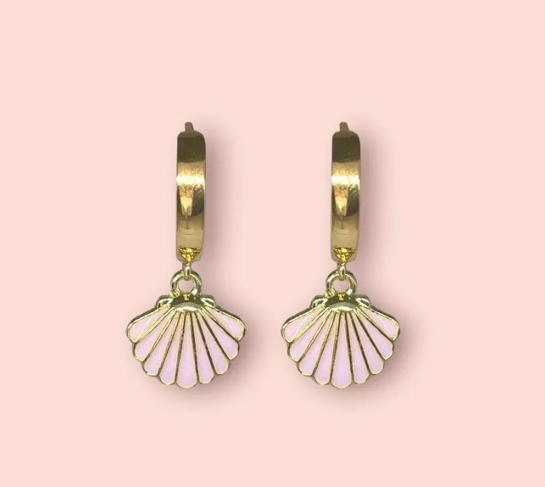 18K Gold Plated Pink Scallop Shell Huggies Hoop Earrings