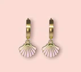 18K Gold Plated Pink Scallop Shell Huggies Hoop Earrings