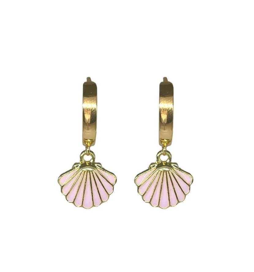 18K Gold Plated Pink Scallop Shell Huggies Hoop Earrings