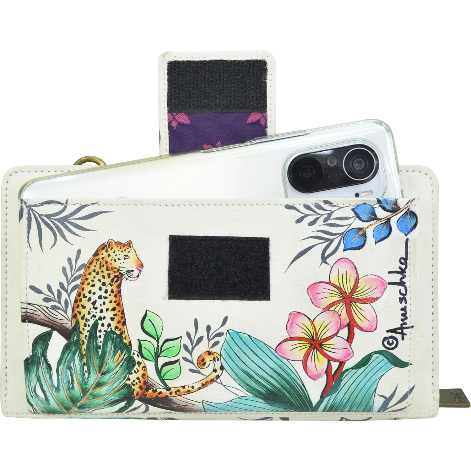 Anuschka Organizer Wallet Crossbody Jungle Queen Ivory Leather