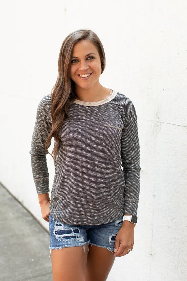 Black 2Tone Ribbed Knit LS