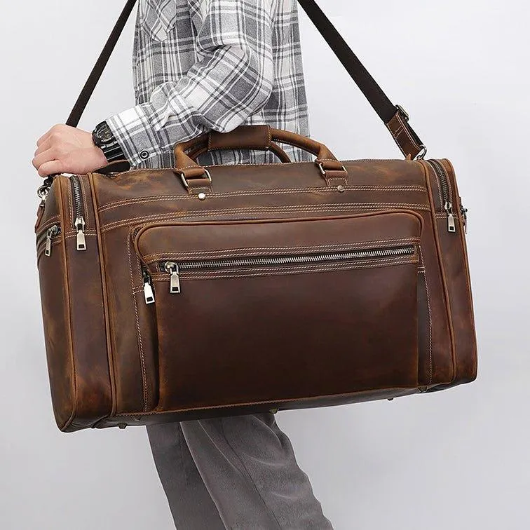 Crazy Horse Leather Weekend Bag Men Large Brown