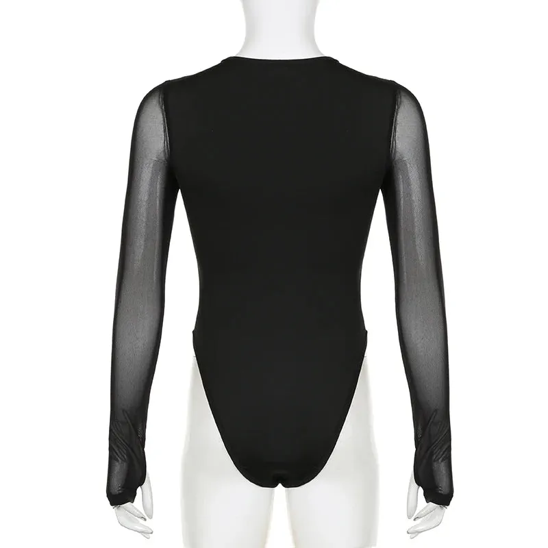 Fashion Club Black Mesh Bodysuit Ladies Spliced See Through Skinny Body Catsuit Party One Piece Jumpsuit Leotard Hot