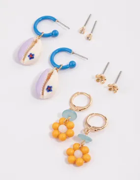 Gold Flower Shell Earrings 4-Pack