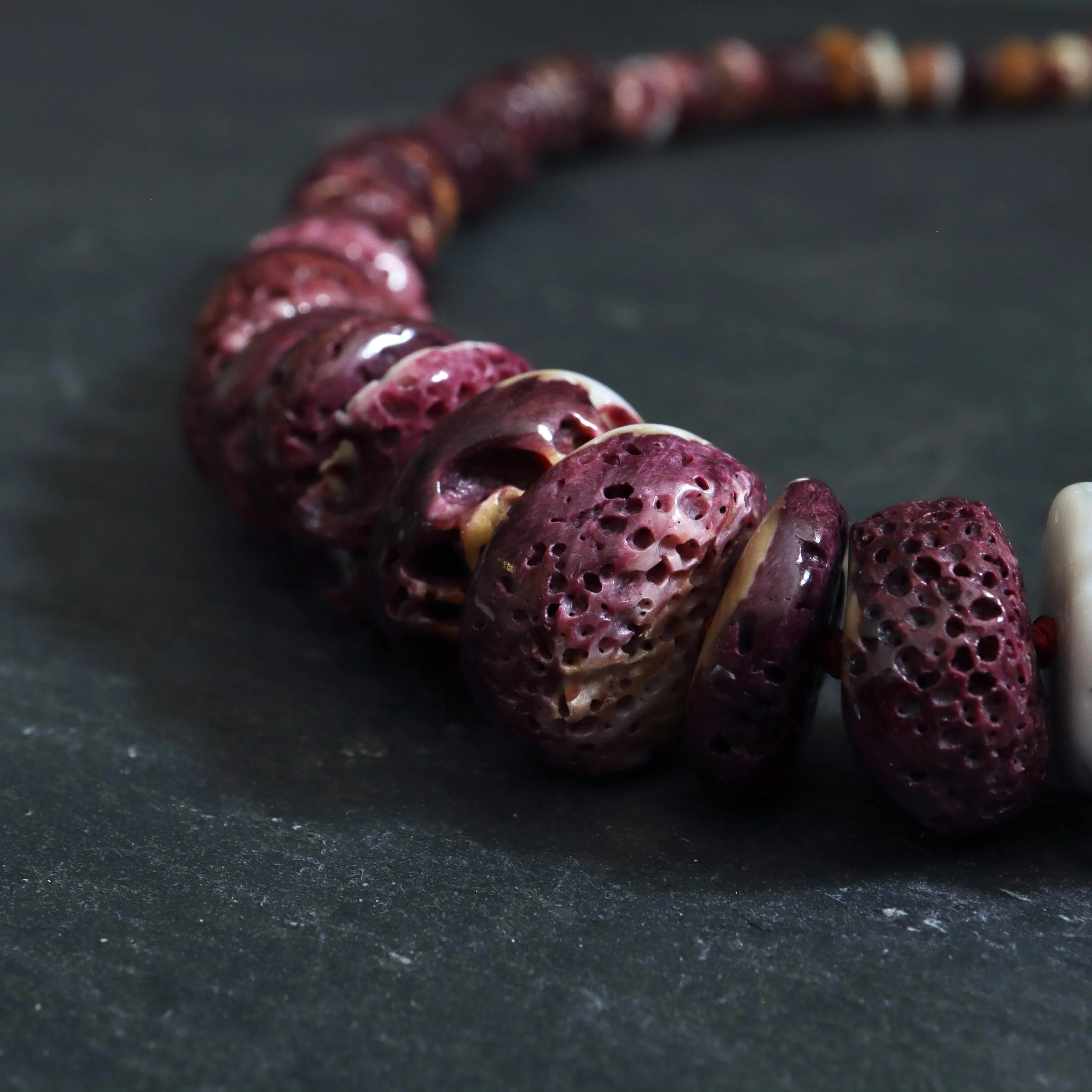 Graduated Spiny Oyster Shell Ruthie B. Necklace with Barnacles
