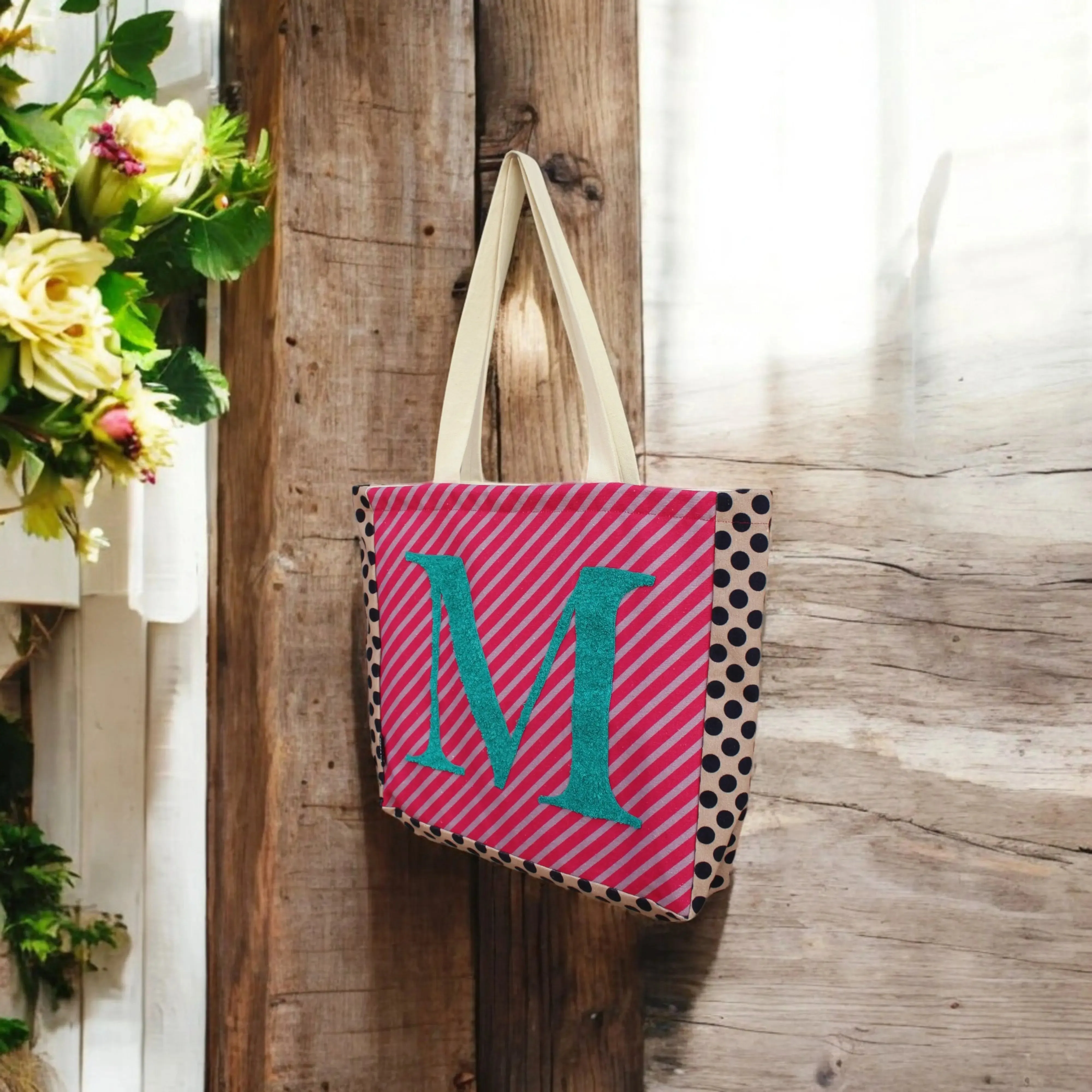 House of Omaya ( M )Alphabet Printed Customizable Embroidery Name Initial Canvas Tote bag 34x36 cm. Personalized tote bag Name Initial tote bag