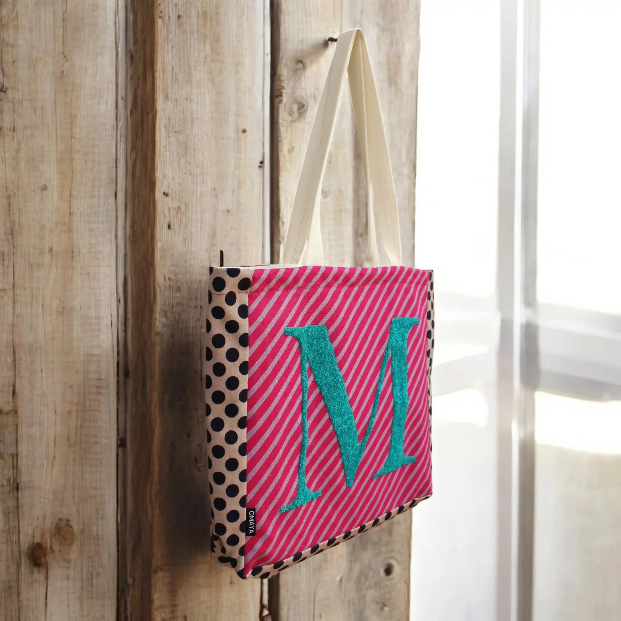 House of Omaya ( M )Alphabet Printed Customizable Embroidery Name Initial Canvas Tote bag 34x36 cm. Personalized tote bag Name Initial tote bag