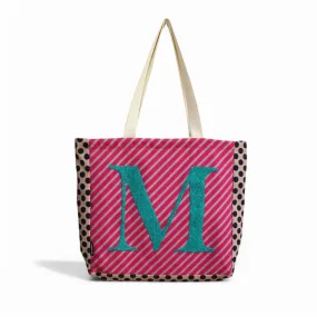 House of Omaya ( M )Alphabet Printed Customizable Embroidery Name Initial Canvas Tote bag 34x36 cm. Personalized tote bag Name Initial tote bag