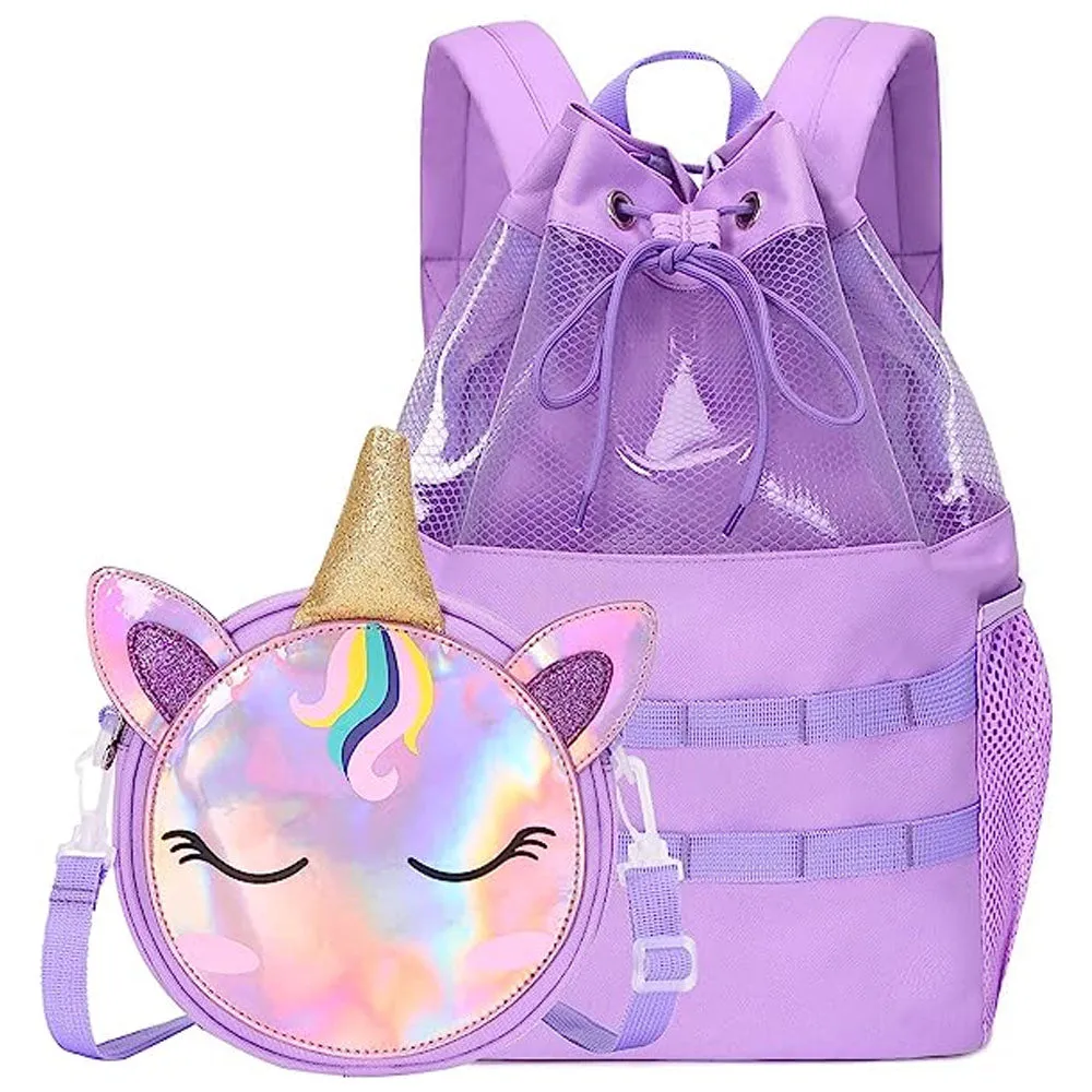 Kids Purple Unicorn Drawstring Backpack with Detachable front Pocket (Coming Soon)