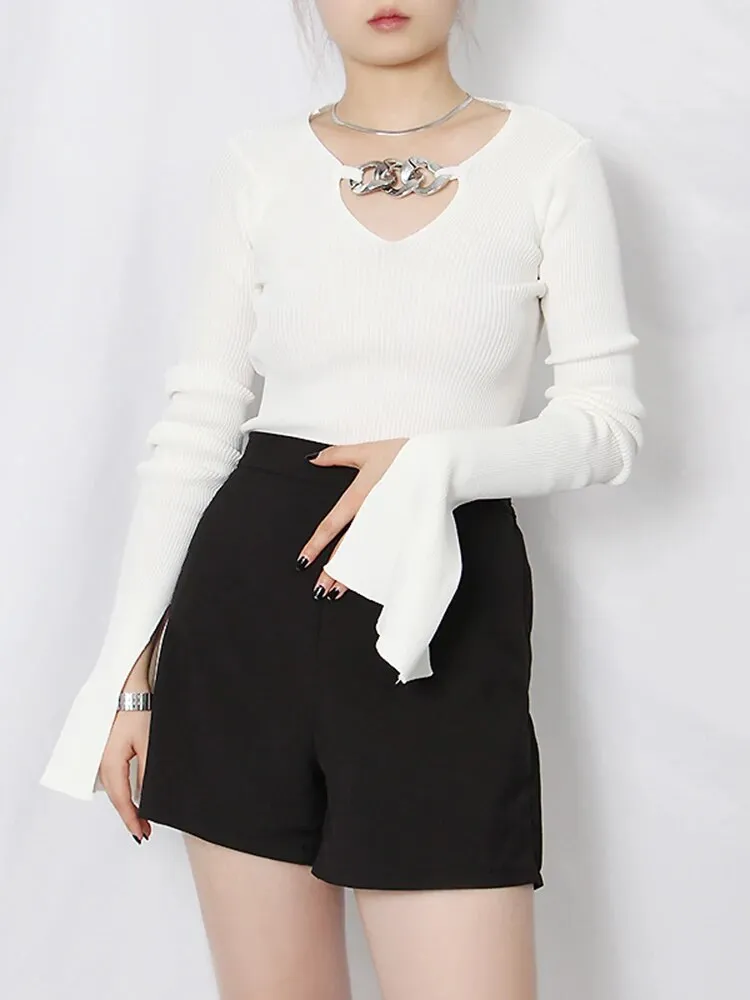 Knitting Minimalist Sweater For Women V Neck Long Sleeve Hollow Out Slim Autumn Sweater Female Fashion Clothing