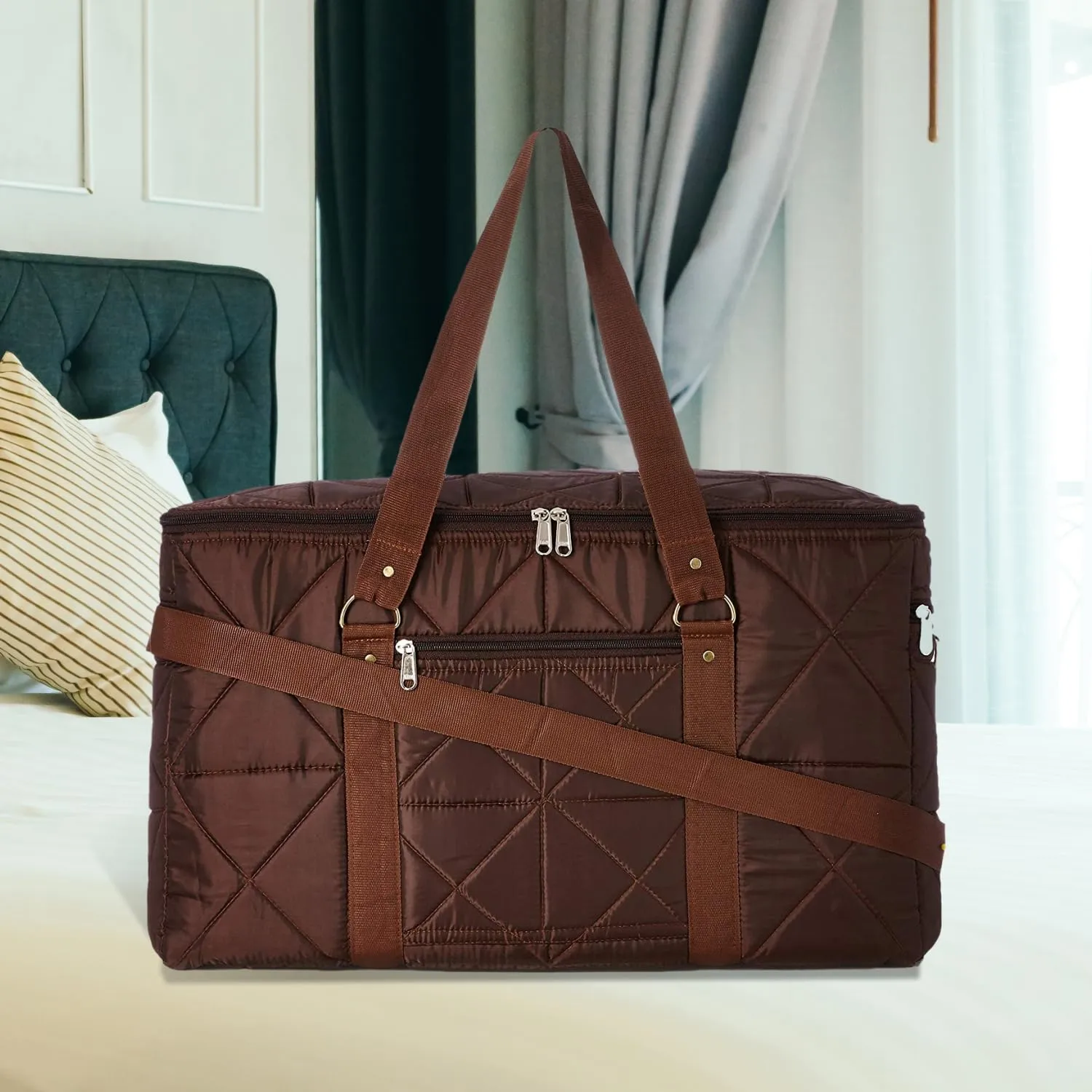 Kuber Industries Storage Duffle Bag | Parachute Travel Storage Bag | Storage Organizer for Clothes | Storage Carrying Bag with Handle | Zipper Closure Storage Bag for Clothes | Pack of 2 | Brown