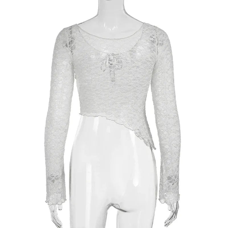 Metaversmall Fashion White Asymmetrical Lace Top Skinny See Through Tie-Up Sexy T-shirts Female Basic Cropped Tee Long Sleeve Chic