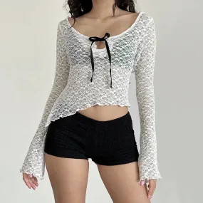 Metaversmall Fashion White Asymmetrical Lace Top Skinny See Through Tie-Up Sexy T-shirts Female Basic Cropped Tee Long Sleeve Chic