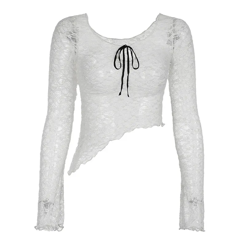 Metaversmall Fashion White Asymmetrical Lace Top Skinny See Through Tie-Up Sexy T-shirts Female Basic Cropped Tee Long Sleeve Chic
