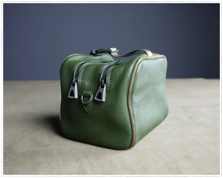 Mini Womens Khaki Leather Shoulder Bag Cube Double Zip Leather Crossbody Purse for Ladies