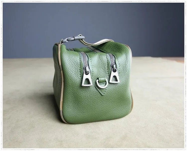 Mini Womens Khaki Leather Shoulder Bag Cube Double Zip Leather Crossbody Purse for Ladies