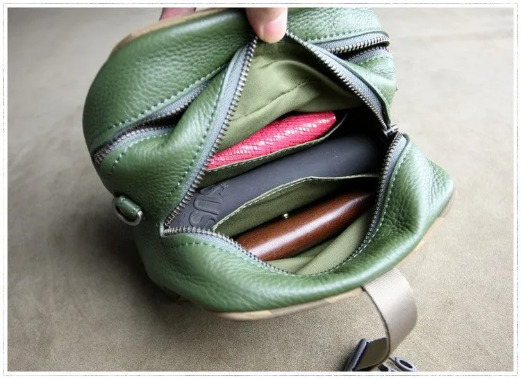 Mini Womens Khaki Leather Shoulder Bag Cube Double Zip Leather Crossbody Purse for Ladies