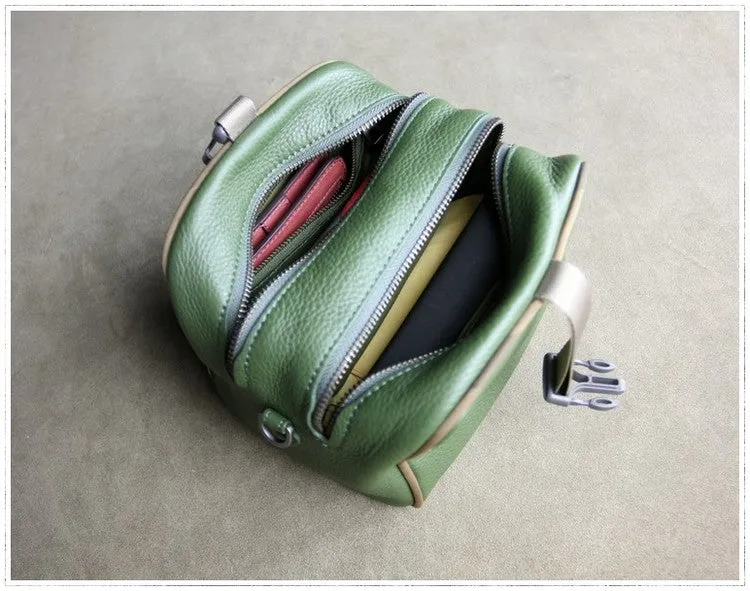Mini Womens Khaki Leather Shoulder Bag Cube Double Zip Leather Crossbody Purse for Ladies