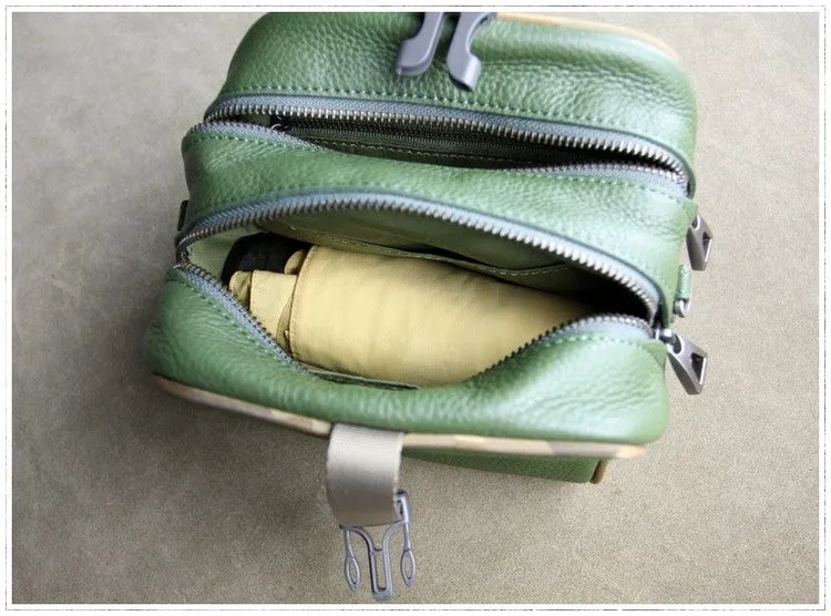 Mini Womens Khaki Leather Shoulder Bag Cube Double Zip Leather Crossbody Purse for Ladies