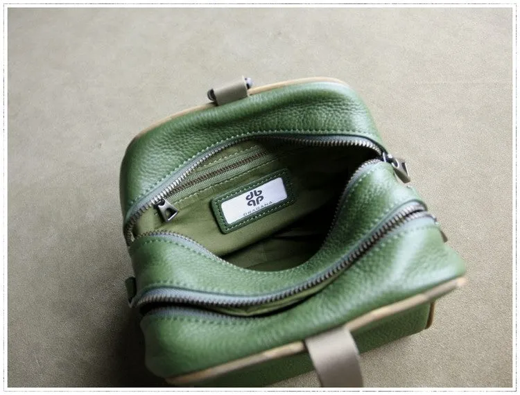 Mini Womens Khaki Leather Shoulder Bag Cube Double Zip Leather Crossbody Purse for Ladies