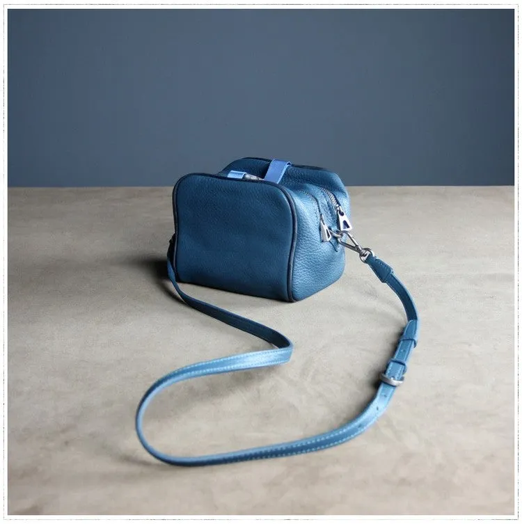 Mini Womens Khaki Leather Shoulder Bag Cube Double Zip Leather Crossbody Purse for Ladies
