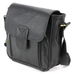 Real Leather Shoulder Bag with Large Extendable Front Pocket - Black