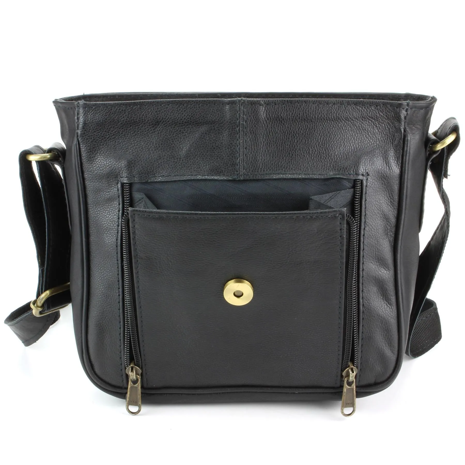 Real Leather Shoulder Bag with Large Extendable Front Pocket - Black