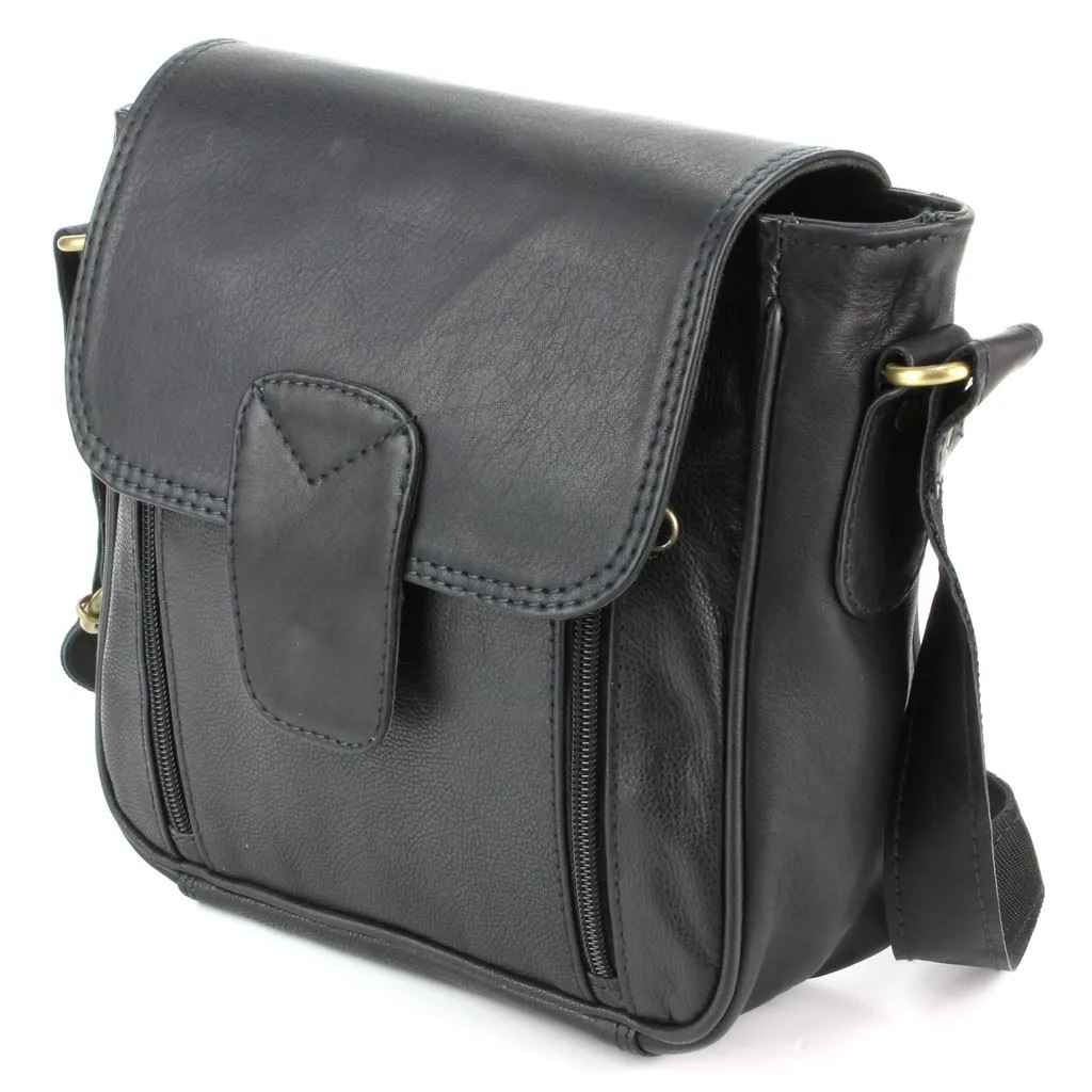 Real Leather Shoulder Bag with Large Extendable Front Pocket - Black