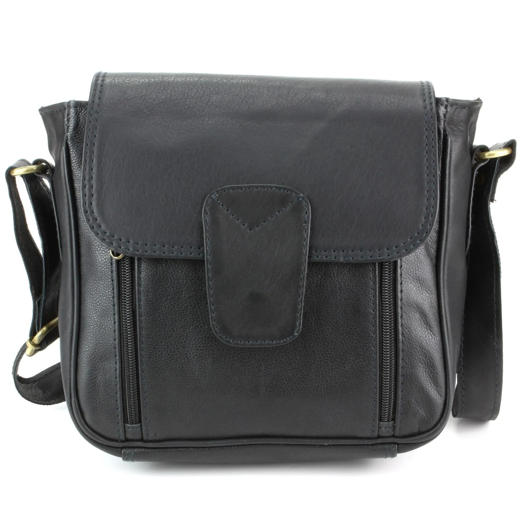 Real Leather Shoulder Bag with Large Extendable Front Pocket - Black