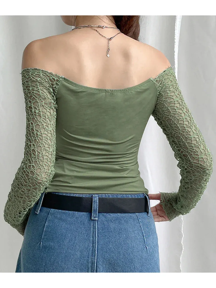 Shoulder Long Sleeve Solid Color Hollow Texture Slim Fit Off T-shirt