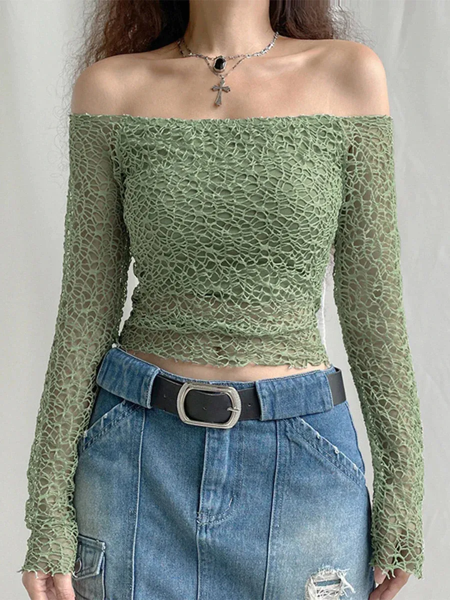 Shoulder Long Sleeve Solid Color Hollow Texture Slim Fit Off T-shirt