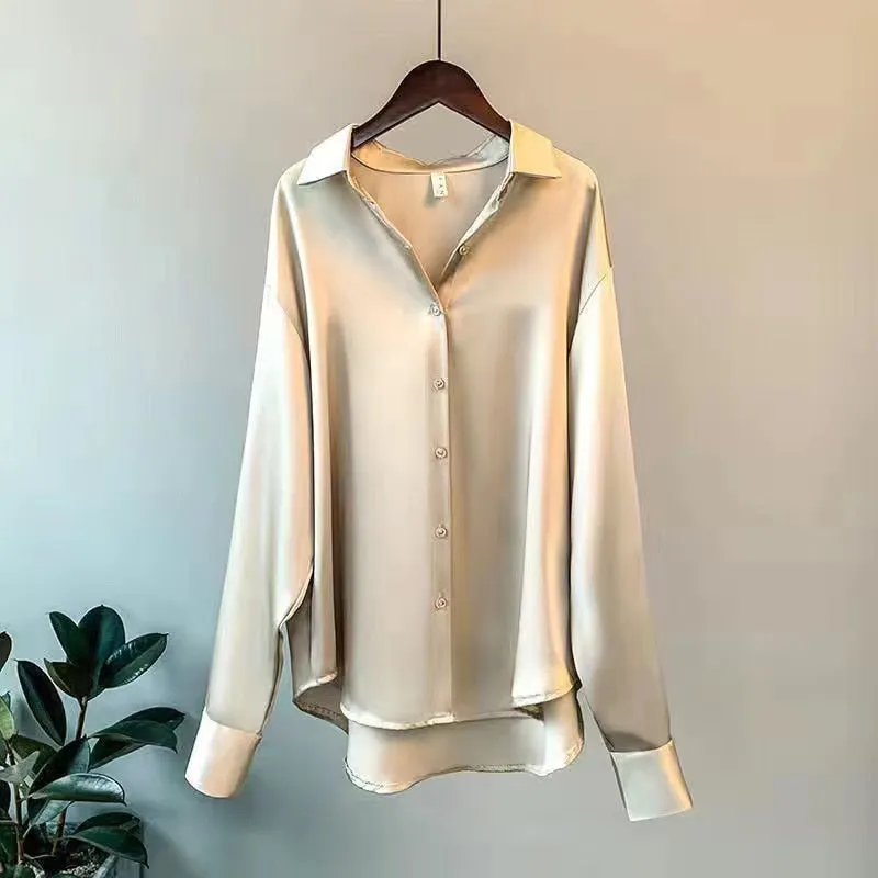 Silk Shirt Women Vintage White Long Sleeves OL Ladies Blouse Loose Spring Designed Button Up Female Top Casual Cotton Shirt