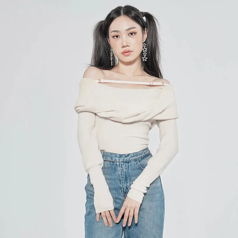 Solid Sexy Sweater For Women Slash Neck Long Sleeve Cut Out Slim Knitting Pullover Female Korean Fashion Clothing Style