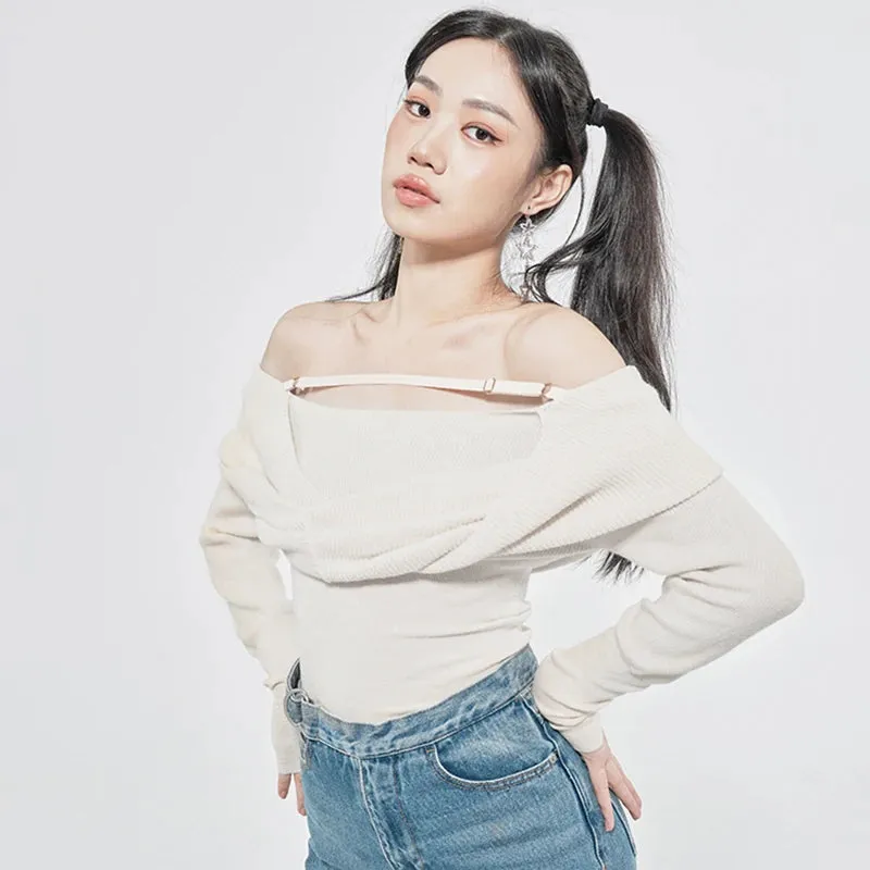 Solid Sexy Sweater For Women Slash Neck Long Sleeve Cut Out Slim Knitting Pullover Female Korean Fashion Clothing Style