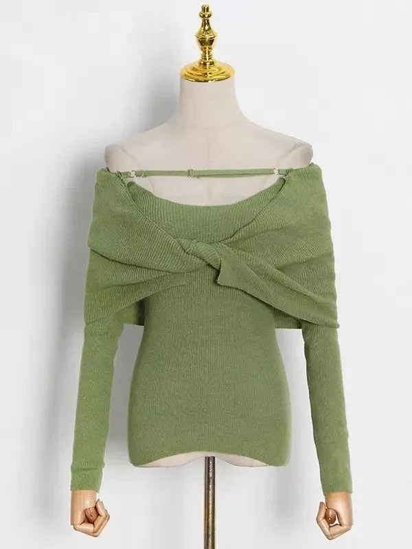 Solid Sexy Sweater For Women Slash Neck Long Sleeve Cut Out Slim Knitting Pullover Female Korean Fashion Clothing Style