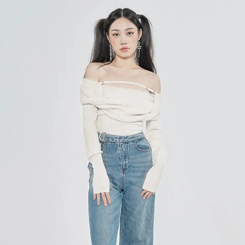 Solid Sexy Sweater For Women Slash Neck Long Sleeve Cut Out Slim Knitting Pullover Female Korean Fashion Clothing Style