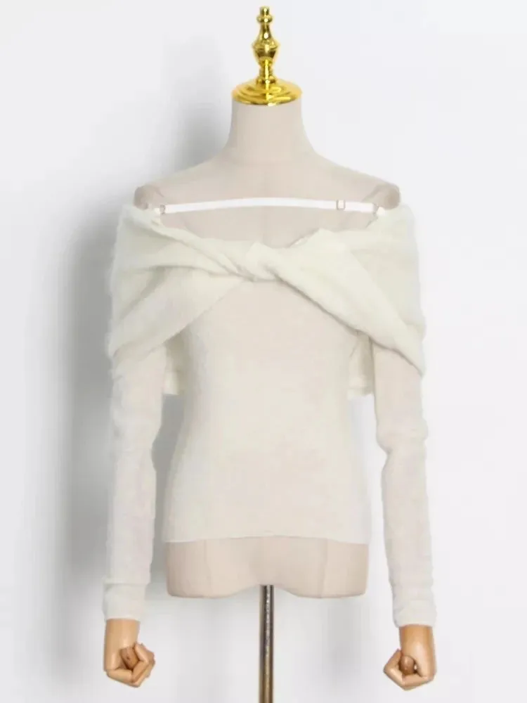 Solid Sexy Sweater For Women Slash Neck Long Sleeve Cut Out Slim Knitting Pullover Female Korean Fashion Clothing Style