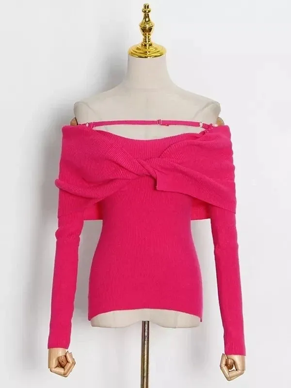 Solid Sexy Sweater For Women Slash Neck Long Sleeve Cut Out Slim Knitting Pullover Female Korean Fashion Clothing Style