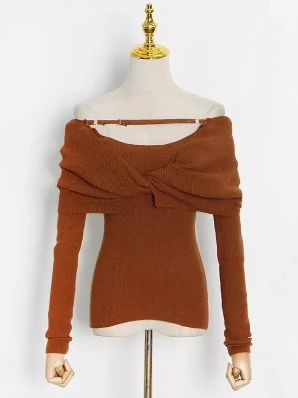 Solid Sexy Sweater For Women Slash Neck Long Sleeve Cut Out Slim Knitting Pullover Female Korean Fashion Clothing Style