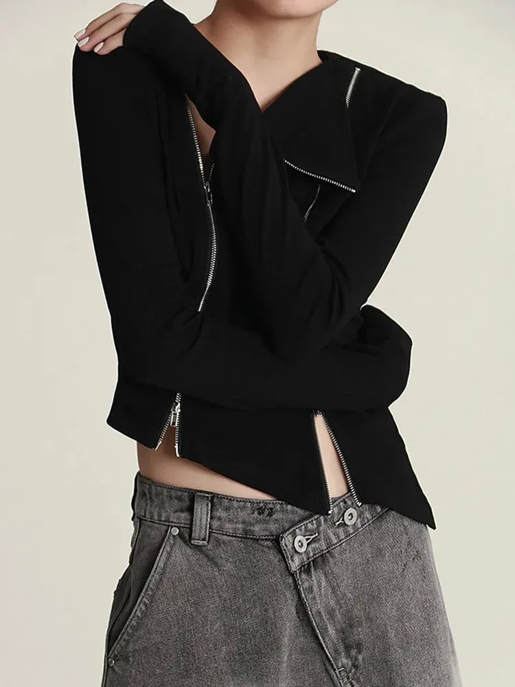 Solid Slimming T Shirts For Women V Neck Long Sleeves Patchwork Zipper Designer T Shirt Female Fashion Clothing