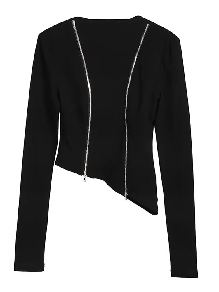 Solid Slimming T Shirts For Women V Neck Long Sleeves Patchwork Zipper Designer T Shirt Female Fashion Clothing