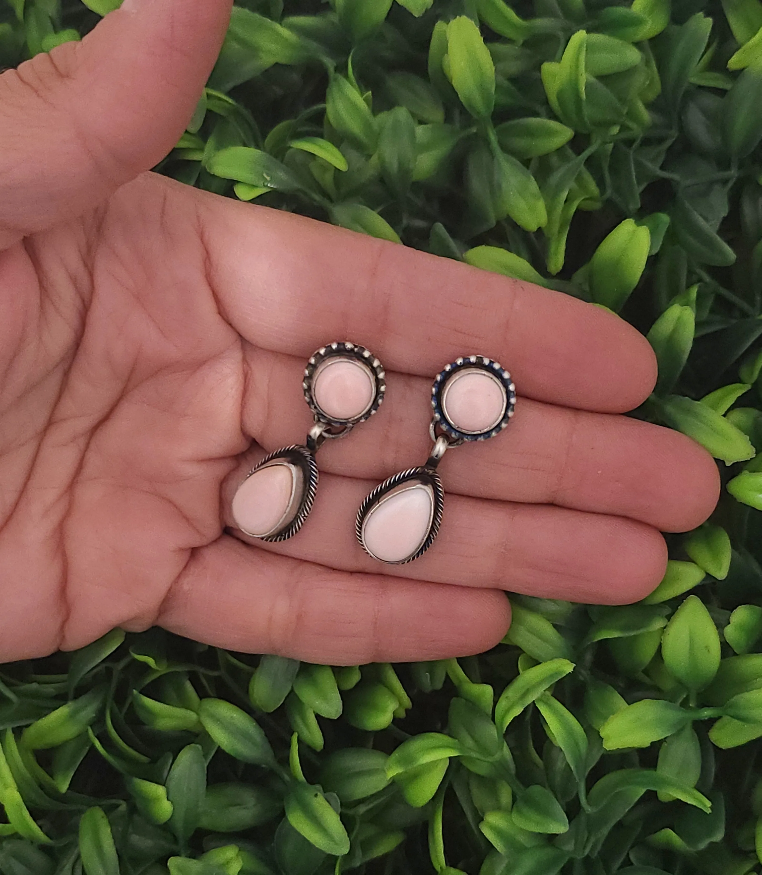 Stamped Sterling Silver 2 Stone Pink Conch Dangle Earrings