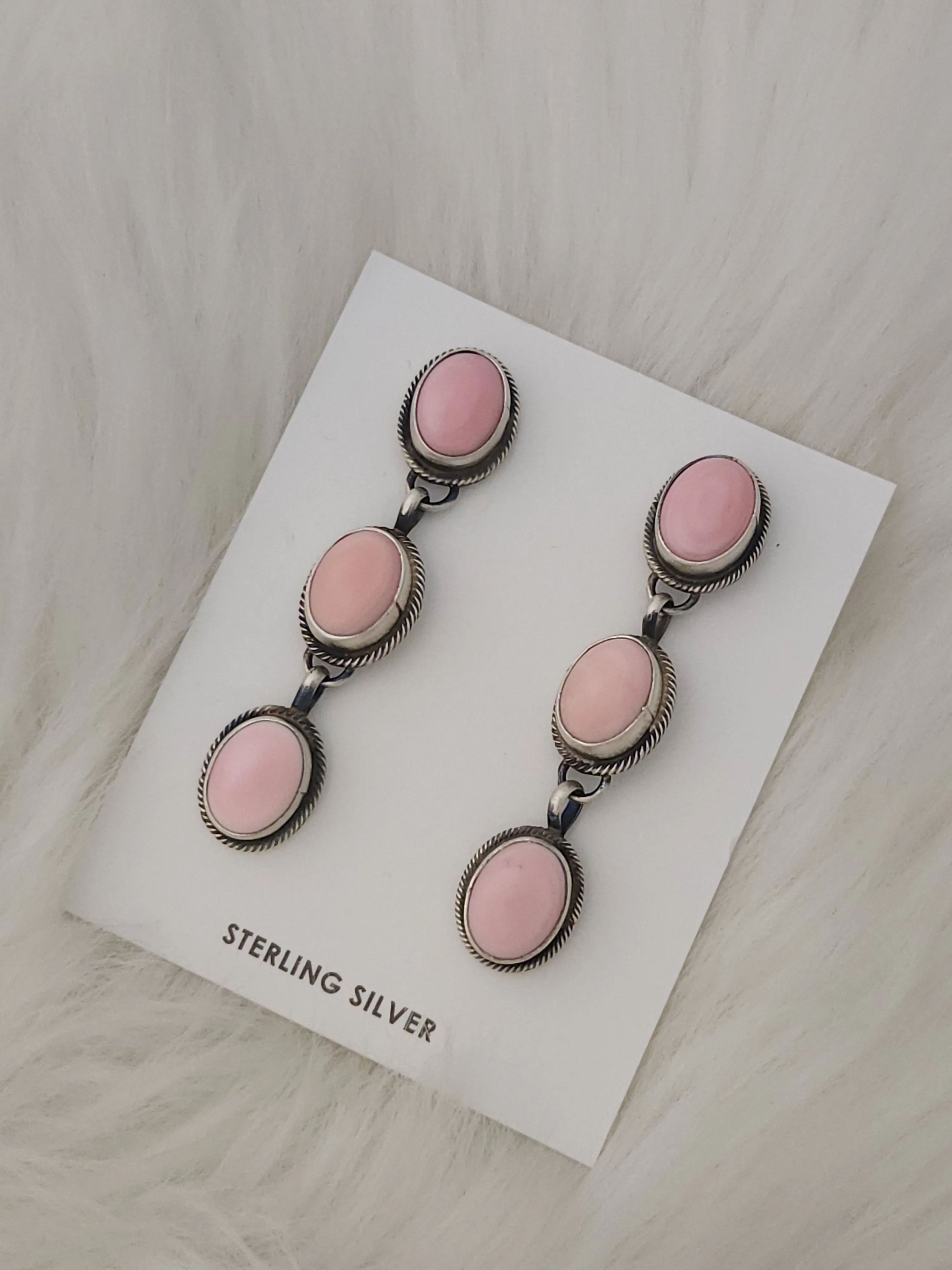 Stamped Sterling Silver Pink Conch 3 Stone Dangle Earrings