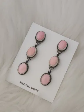 Stamped Sterling Silver Pink Conch 3 Stone Dangle Earrings