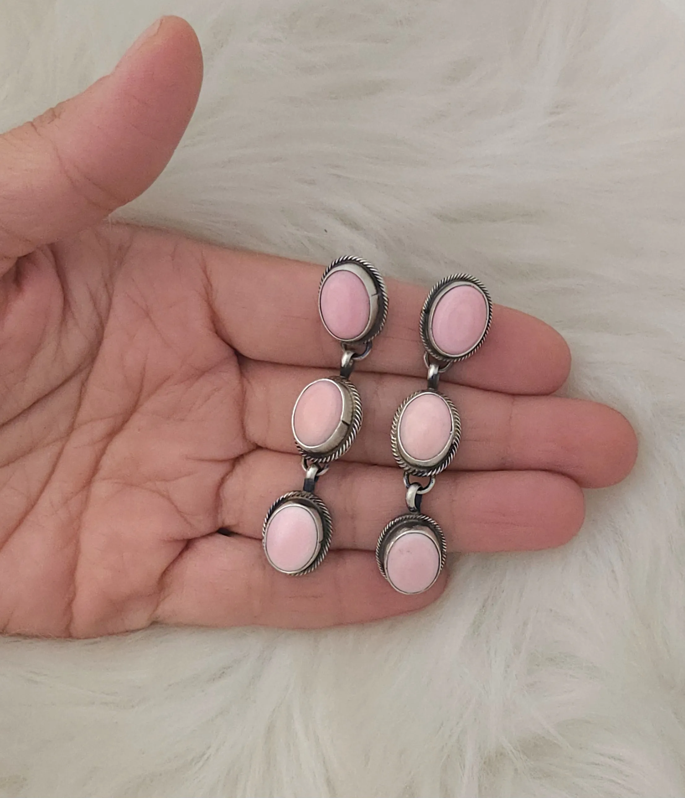 Stamped Sterling Silver Pink Conch 3 Stone Dangle Earrings