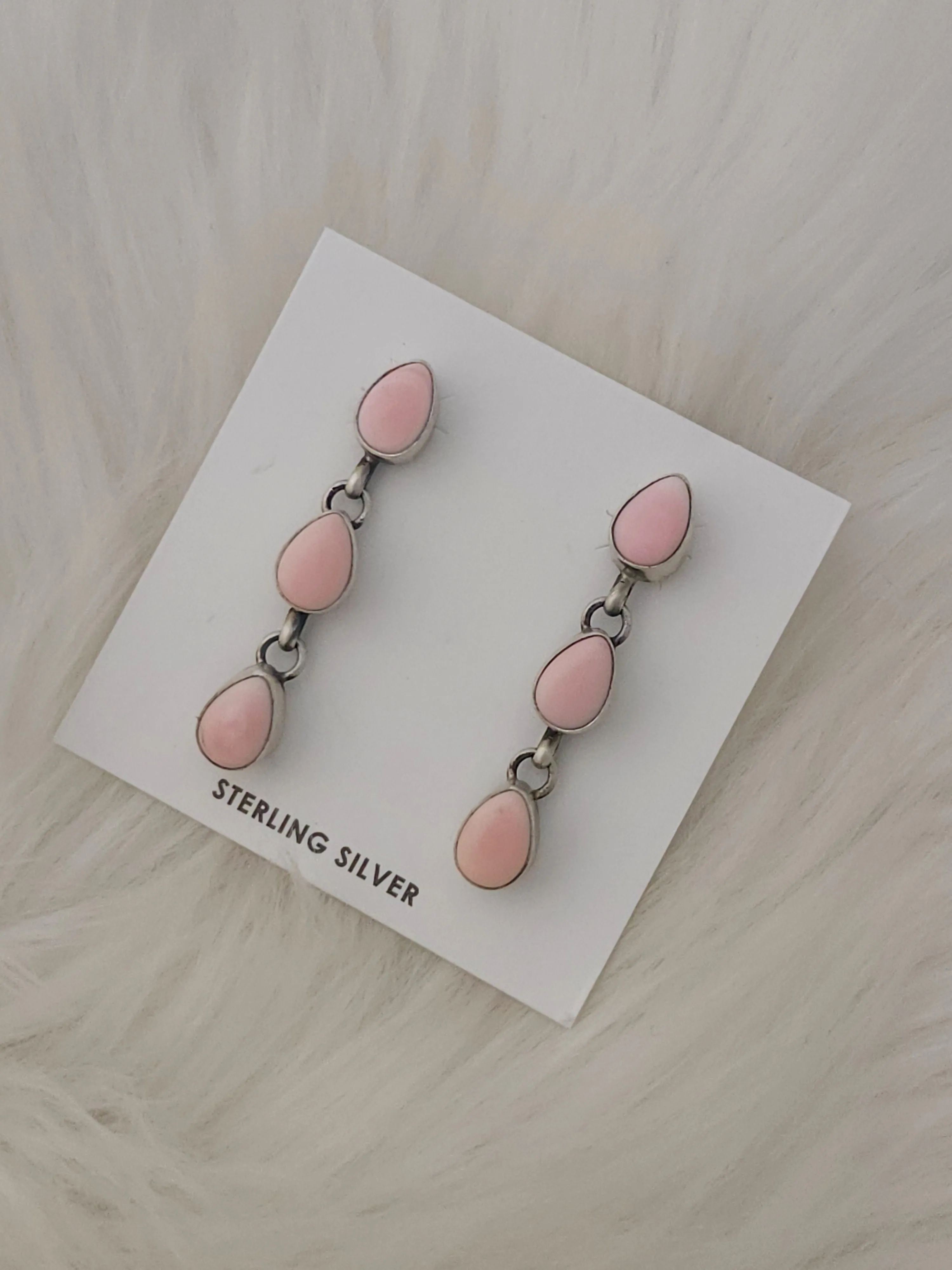 Stamped Sterling Silver Pink Conch Shell 3 Stone Drop Dangle Earrings