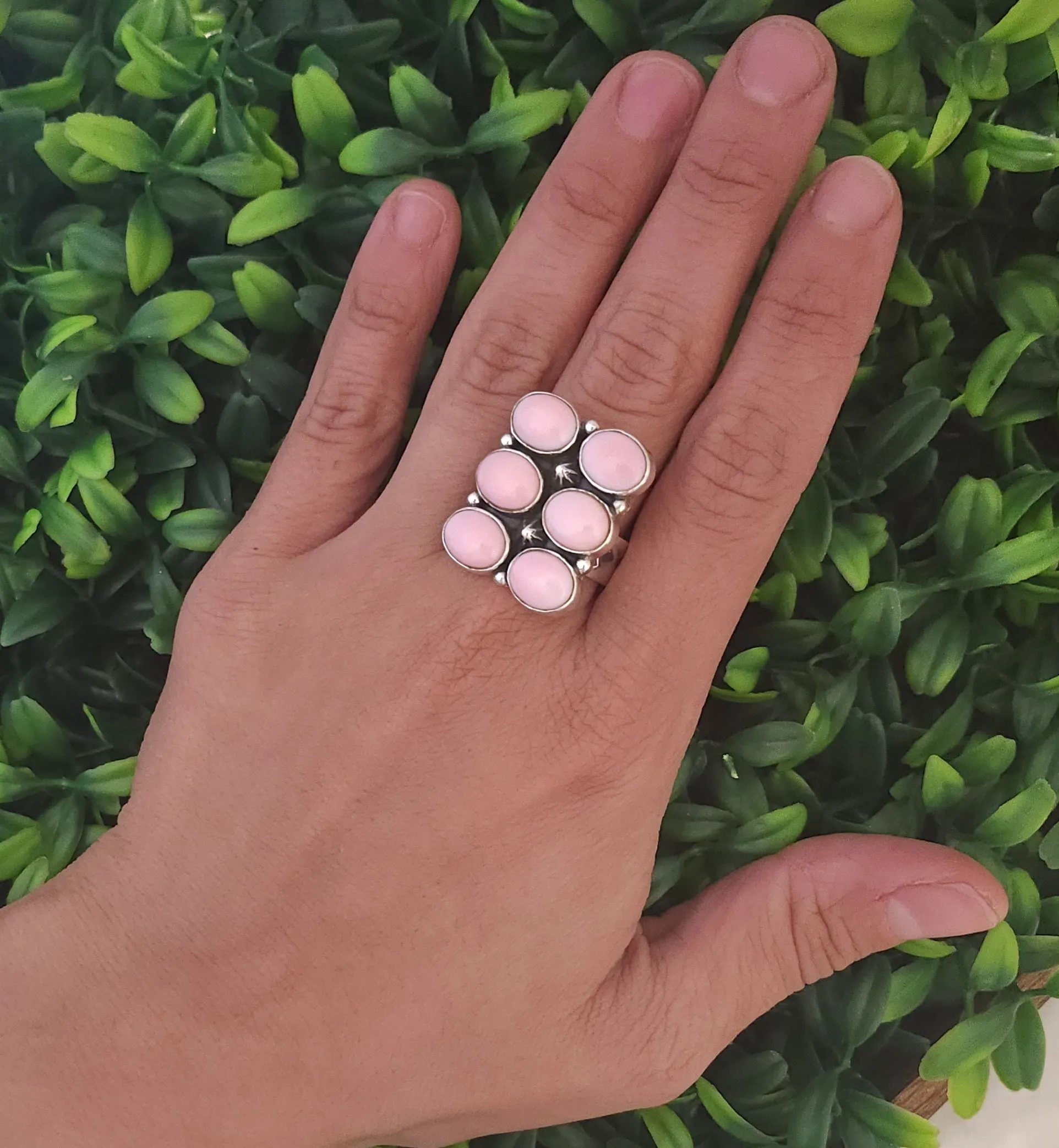Stamped Sterling Silver Pink Conch Shell 6 Stone Adjustable Ring